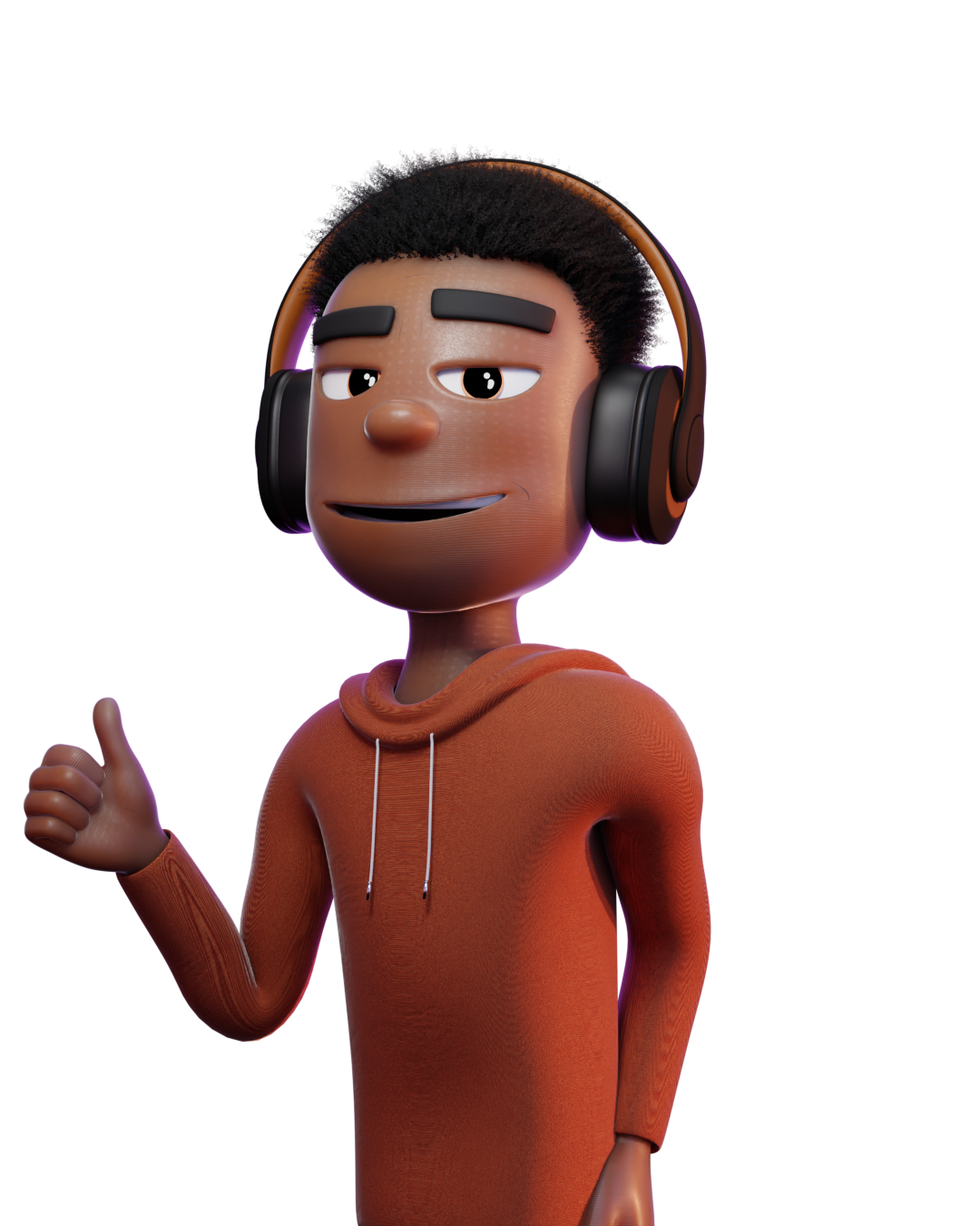 3D animated character wearing headphones and an orange hoodie gives a thumbs-up gesture.