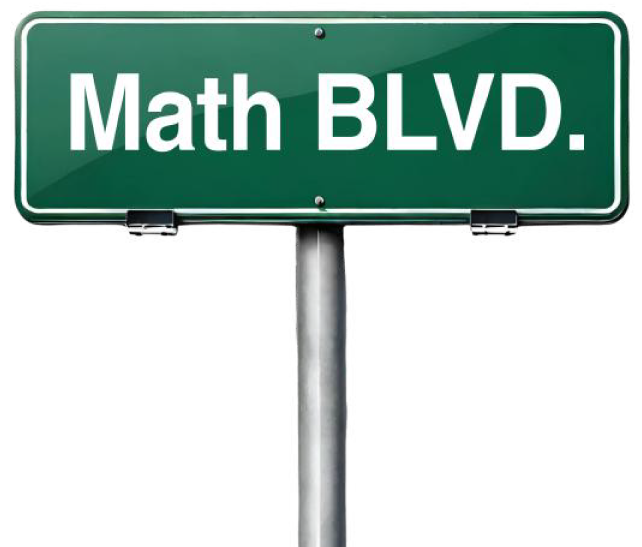 A green street sign with white text reads "Math BLVD." mounted on a metal pole against a white background.