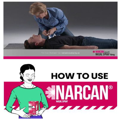 A person administers Narcan nasal spray to another person lying on the ground; below is an illustrated guide titled "How to use Narcan Nasal Spray.