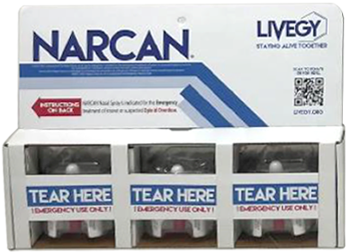 A Narcan emergency kit display box with three single-use naloxone nasal spray units, each labeled "Tear Here Emergency Use Only.