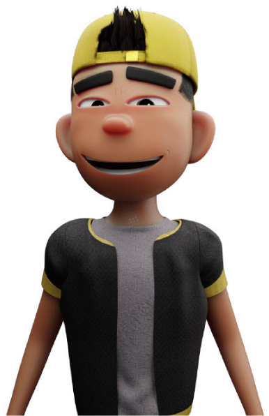 3D animated character with a yellow backwards cap, black and yellow shirt, and wide eyebrows, smiling with eyes partially closed.
